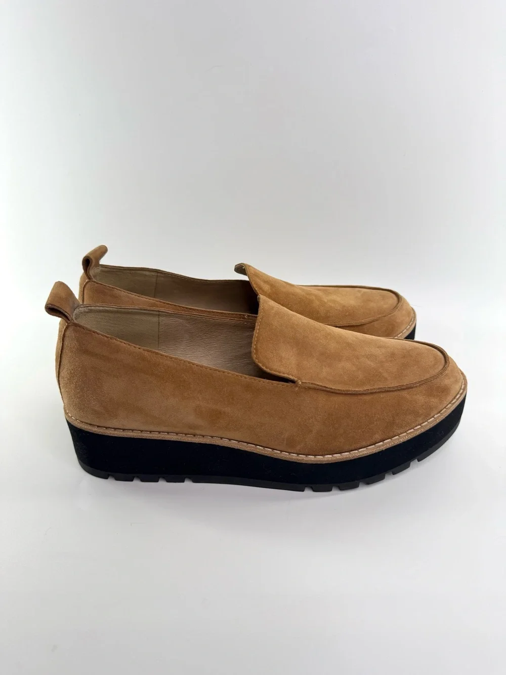 Eileen Fisher Ells Suede Platform Loafers Tan Cognac Size 8